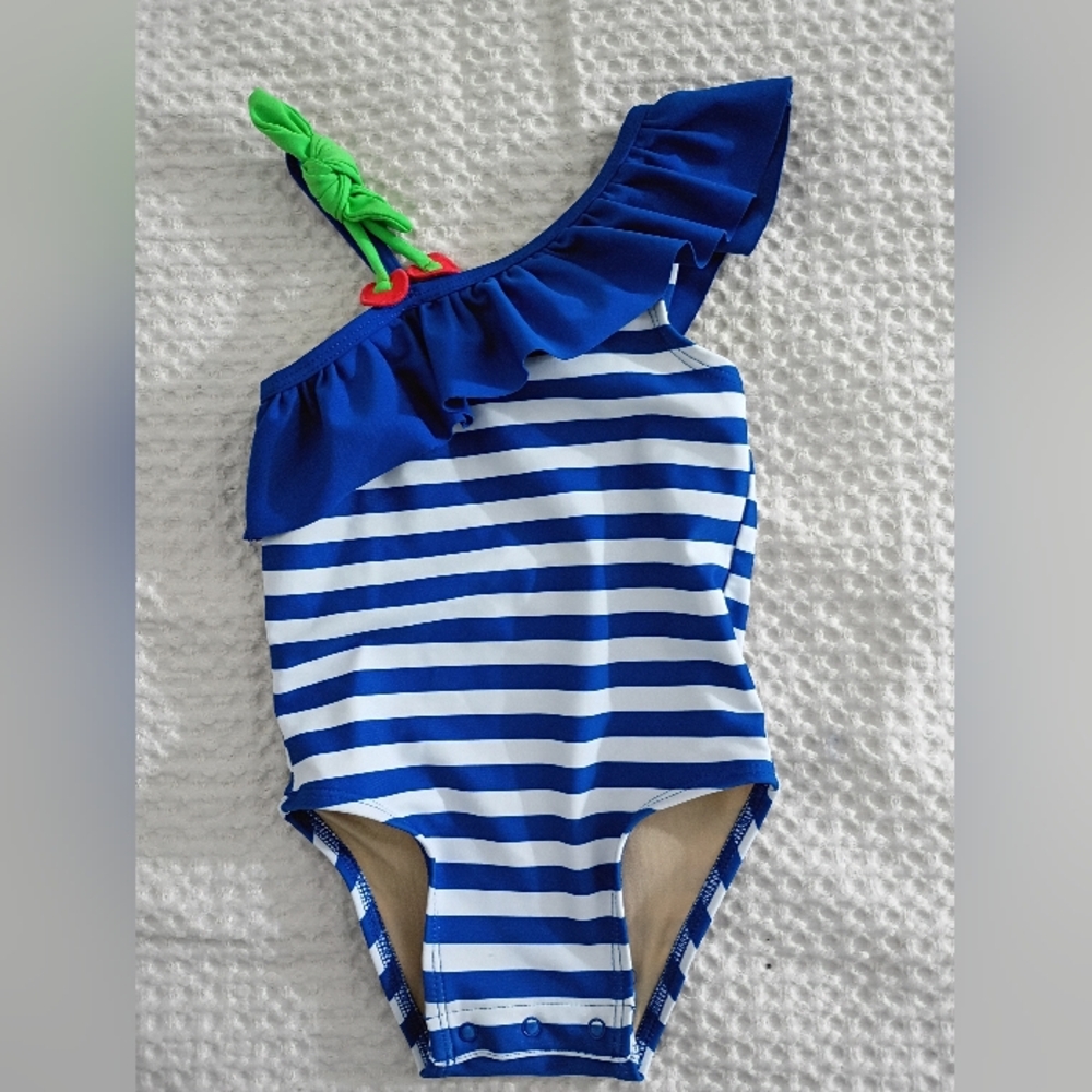 Old Navy Blue & White Striped Ruffle One-Piece Swimsuit